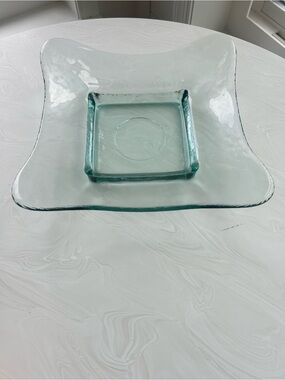 VTG San Miguel Spanish Recycled Glass Bowl Wavy Square Aqua Centerpiece